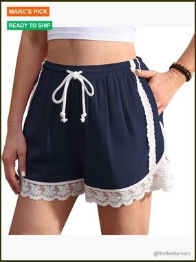 Linen Shorts with Lace Trim, Drawstring Waist, Casual Lounge & Beach Wear